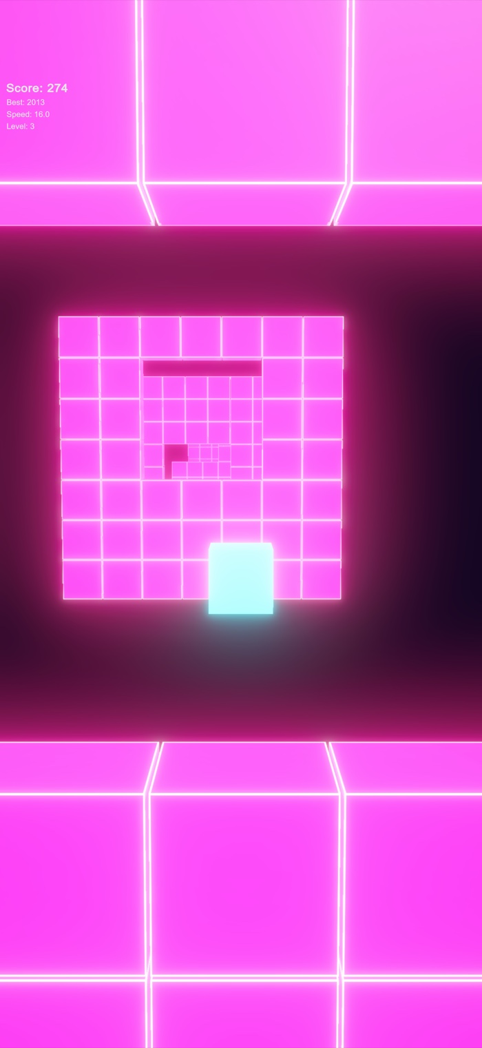 Steering the ship through a gap in a glowing neon wall mid-run
