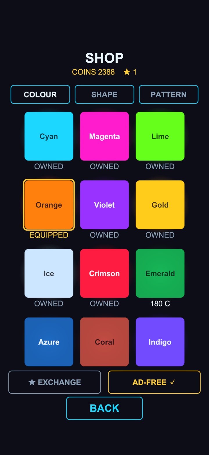 Ship colour shop with neon swatches and the coin and star balance